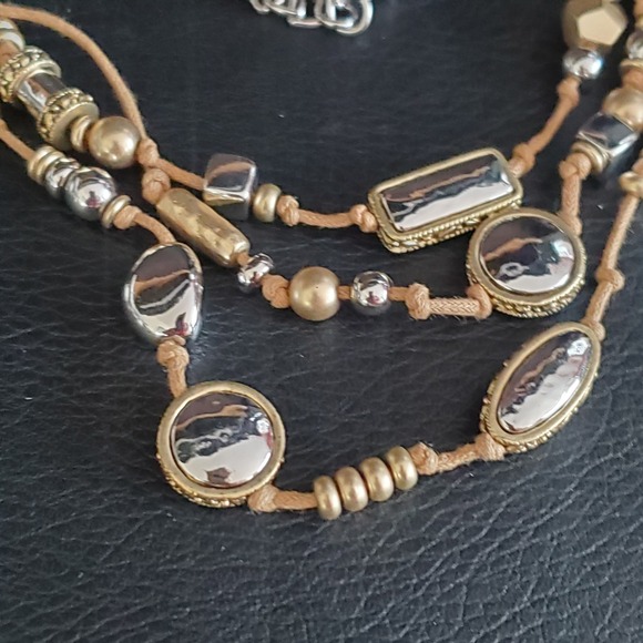 Chico's Three Strand Silver Tone Hammered Beads with Gold Accents on Tan Cord - Picture 7 of 10